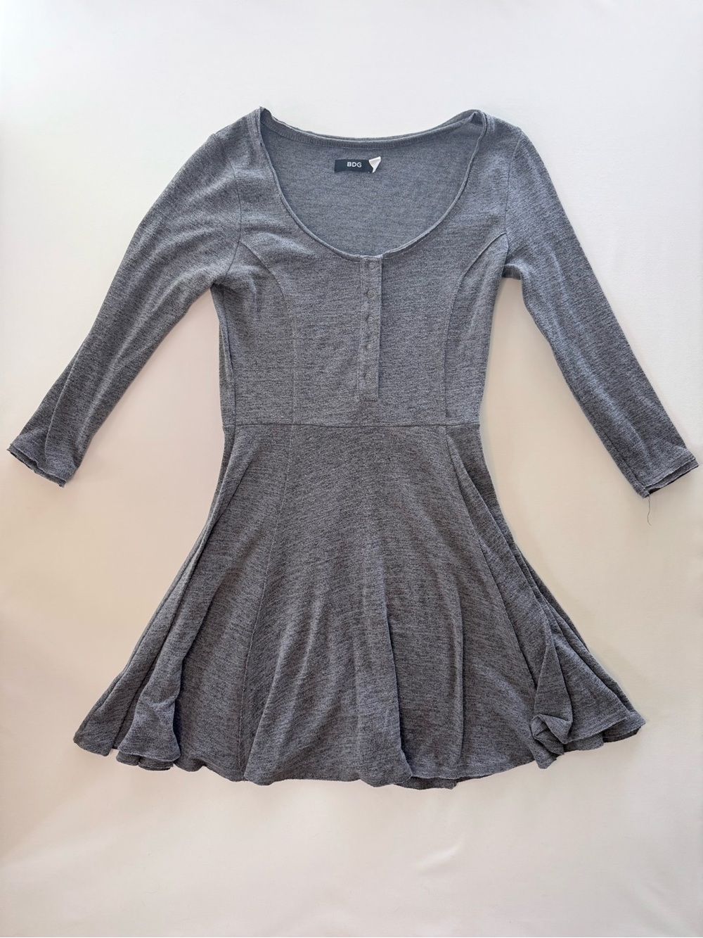 BDG Gray Scoop-Neck Flared Long-Sleeve Dress